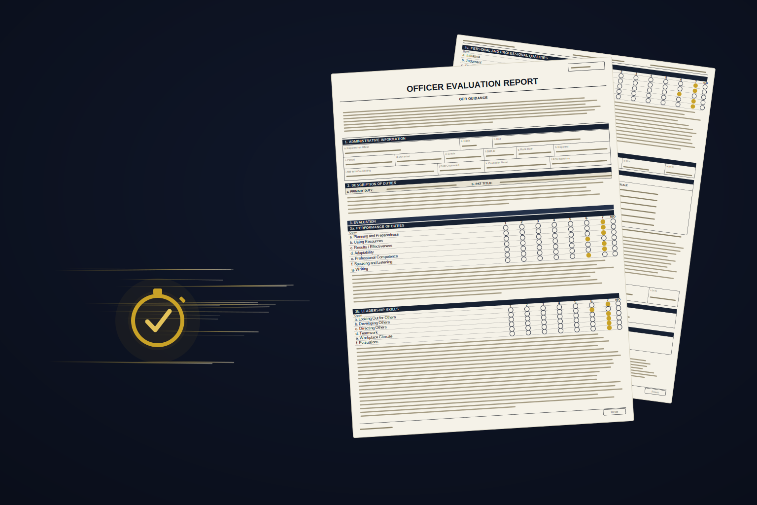 A completed Officer Evaluation Report drafted fast — stopwatch and checkmark.